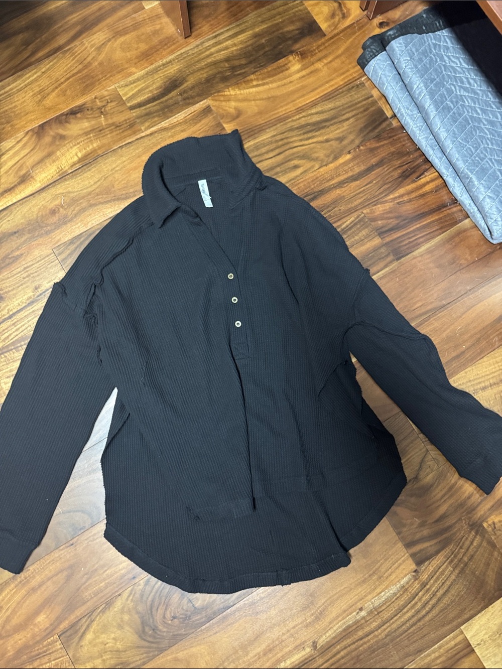 Waffle-Knit Black Tunic Top with Button Placket